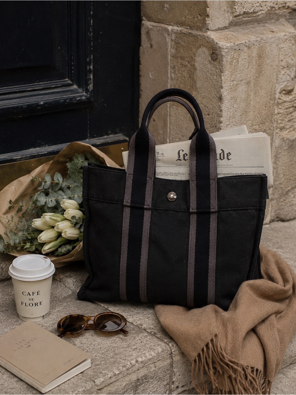 Authentic Hermès Fourre-Tout Tote Cotton Canvas | Washed Black + Grey - Picture 13 of 13